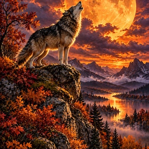 Peut inclure: Un loup gris et brun se tient sur une falaise rocheuse, hurlant vers une grande pleine lune orange &eacute;clatante. La sc&egrave;ne pr&eacute;sente un paysage automnal vibrant avec un feuillage orange et rouge, des conif&egrave;res, une rivi&egrave;re et des montagnes.