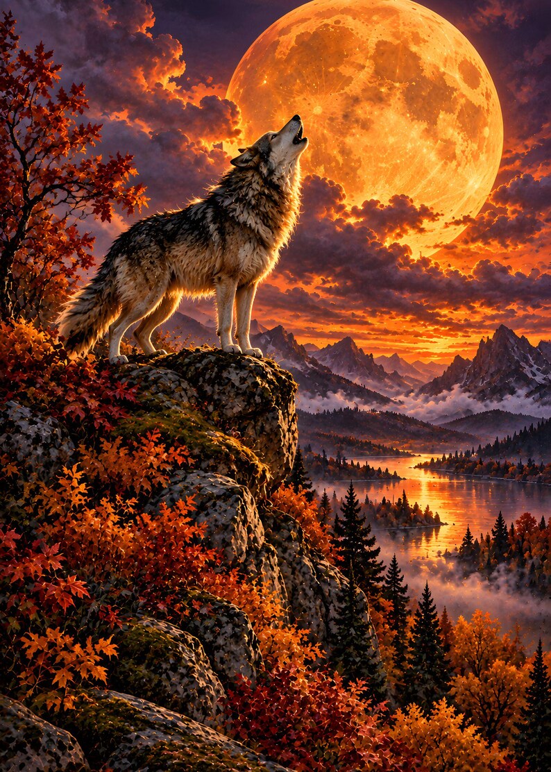 Peut inclure: Un loup gris et brun se tient sur une falaise rocheuse, hurlant vers une grande pleine lune orange &eacute;clatante. La sc&egrave;ne pr&eacute;sente un paysage automnal vibrant avec un feuillage orange et rouge, des conif&egrave;res, une rivi&egrave;re et des montagnes.