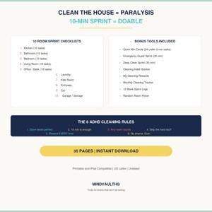 Pode incluir: Um documento de planeamento de limpeza digital intitulado CLEAN THE HOUSE = PARALYSIS, 10-MIN SPRINT = DOABLE. Lista 10 listas de verifica&ccedil;&atilde;o de sprint por divis&atilde;o, ferramentas b&oacute;nus e 6 regras de limpeza TDAH. 35 p&aacute;ginas, download imediato.