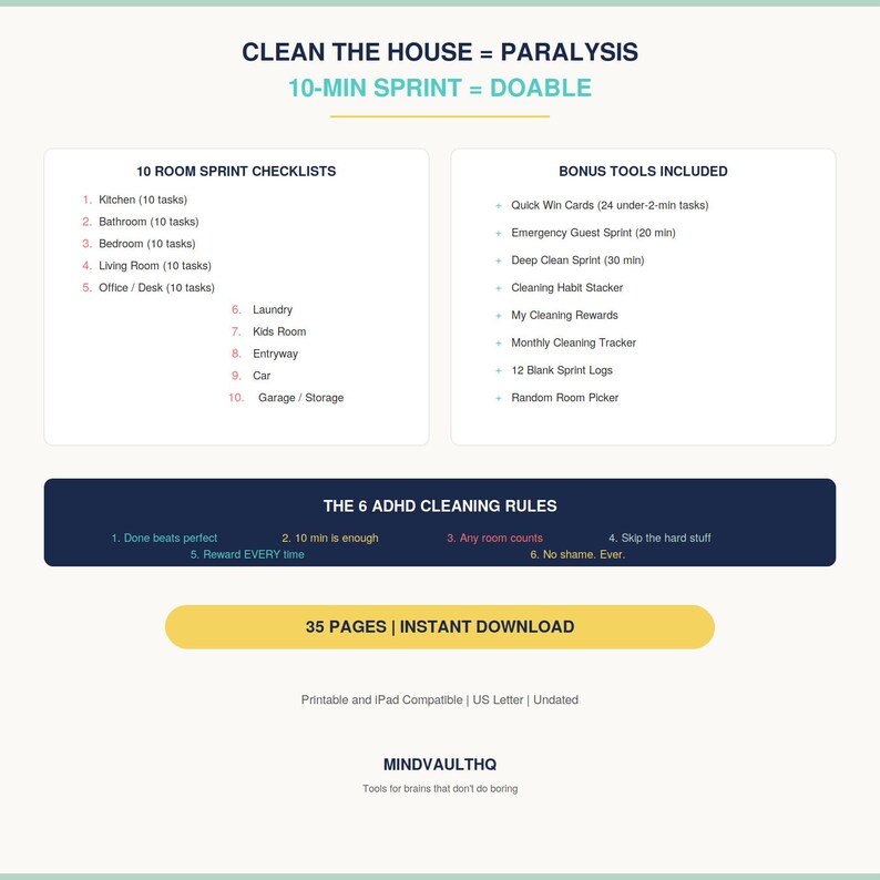 Pode incluir: Um documento de planeamento de limpeza digital intitulado CLEAN THE HOUSE = PARALYSIS, 10-MIN SPRINT = DOABLE. Lista 10 listas de verifica&ccedil;&atilde;o de sprint por divis&atilde;o, ferramentas b&oacute;nus e 6 regras de limpeza TDAH. 35 p&aacute;ginas, download imediato.