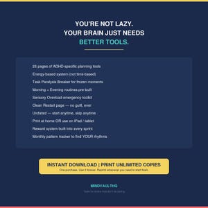 Puede incluir: Un documento de planificaci&oacute;n digital con fondo azul oscuro y detalles amarillos. El texto dice: YOU'RE NOT LAZY. YOUR BRAIN JUST NEEDS BETTER TOOLS. Enumera 25 p&aacute;ginas de herramientas de planificaci&oacute;n espec&iacute;ficas para TDAH, rutinas y rastreadores.