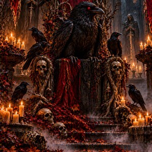 May include: A large black raven with glowing red eyes sits atop a stone throne adorned with human skulls and red autumn leaves. Multiple smaller ravens surround the throne, which is illuminated by numerous lit candles in a dark, misty setting.