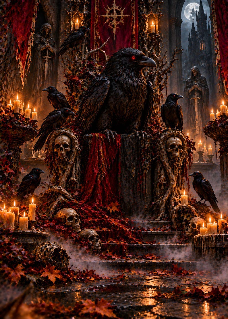 May include: A large black raven with glowing red eyes sits atop a stone throne adorned with human skulls and red autumn leaves. Multiple smaller ravens surround the throne, which is illuminated by numerous lit candles in a dark, misty setting.