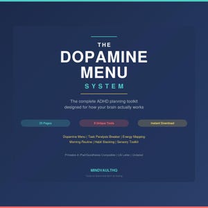 Puede incluir: Un kit de herramientas de planificaci&oacute;n digital titulado The Dopamine Menu System sobre un fondo azul oscuro. Incluye 25 p&aacute;ginas, 8 herramientas &uacute;nicas y secciones para Dopamine Menu, Task Paralysis Breaker, Energy Mapping, Morning Routine, Habit Stacking y Sensory Toolkit. Es imprimible, compatible con iPad y GoodNotes, tama&ntilde;o US Letter y sin fecha.