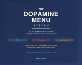 ADHS-Planer, Dopamin-Menüsystem, Digitaler ADHS-Planer, Planer für neurodiverse Menschen, Aufgabenlähmung, Produktivität, Tagebuch für Erwachsene