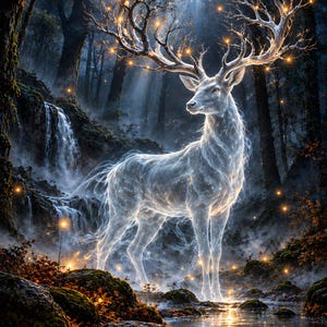 Puede incluir: Un ciervo blanco luminoso y et&eacute;reo se encuentra en un bosque oscuro con una cascada. El animal tiene astas ramificadas y brillantes adornadas con peque&ntilde;as luces doradas c&aacute;lidas. El bosque circundante presenta rocas cubiertas de musgo.