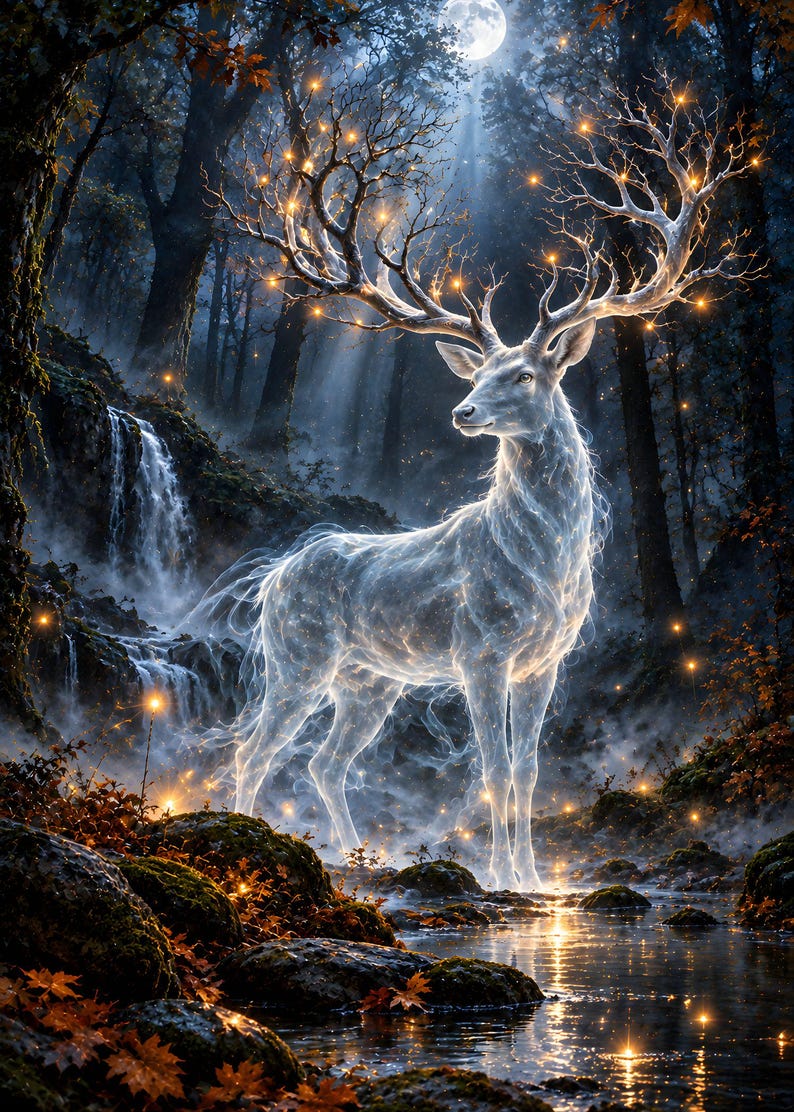 Puede incluir: Un ciervo blanco luminoso y et&eacute;reo se encuentra en un bosque oscuro con una cascada. El animal tiene astas ramificadas y brillantes adornadas con peque&ntilde;as luces doradas c&aacute;lidas. El bosque circundante presenta rocas cubiertas de musgo.