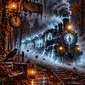 May include: A steam locomotive emitting blue smoke arrives at a station platform covered in fallen autumn leaves. A black raven sits on a bench near a glowing lantern and a clock. Silhouettes of figures are visible inside the train carriages.