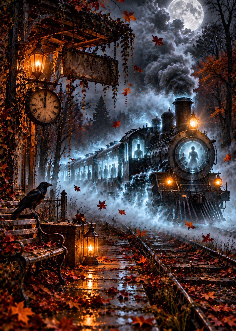 May include: A steam locomotive emitting blue smoke arrives at a station platform covered in fallen autumn leaves. A black raven sits on a bench near a glowing lantern and a clock. Silhouettes of figures are visible inside the train carriages.