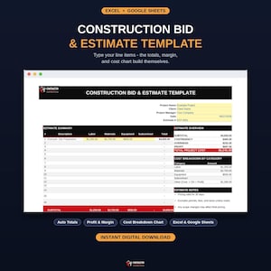 Op de afbeelding: Een digitaal sjabloon voor bouwoffertes en kostenramingen voor Excel en Google Sheets. De interface toont velden voor projectdetails, een samenvattingstabel met arbeids- en materiaalkosten, een overzicht en een kostendiagram.