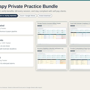 May include: A digital Therapy Private Practice Bundle featuring four trackers for Excel and Google Sheets. The layout includes sections for credentialing, client eligibility, and billing, with previews of the Therapy Practice Insurance Billing Tracker, Good Faith Estimate Compliance Tracker, Insurance Eligibility and Benefits Verification Log, and Provider Credentialing and Payer Enrollment Tracker.