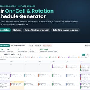 May include: A digital interface for a Fair On-Call & Rotation Schedule Generator. The screen displays a calendar for October 2026 with color-coded shifts for various personnel, alongside control buttons for generating schedules and managing shift data.