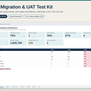 May include: A digital Data Migration & UAT Test Kit dashboard interface displaying metrics like mapping rows, pass rates, and records loaded. The screen shows a Migration Readiness Dashboard with a table of readiness gates, status results, and a NO-GO alert.