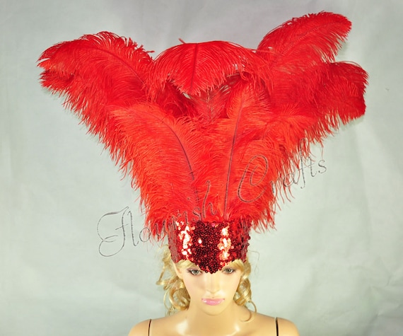 Red Ostrich Feathers /& Pheasant Feathers Sequins Open Face Headdress Show girl