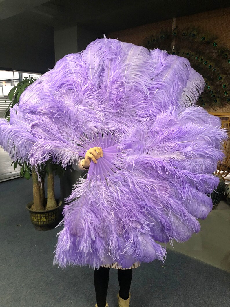 Burlesque white two layer Ostrich Feather Fan 30/" x 54/" with Travel leather Bag