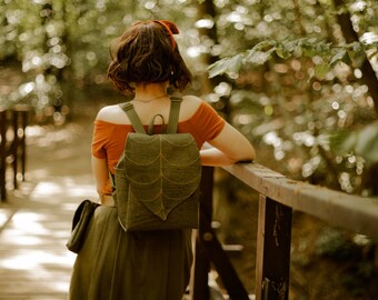 Green Cork Leather Leaf Backpack made from Plant Based Leather/ Hobbitcore Backpack /Cottagecore Backpack  29x18x14cm PRE-ORDER