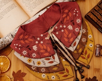 Cottagecore Linen Collar,  Autumn Leaf Embroidered Linen Collar, Detachable Peter Pan Collar