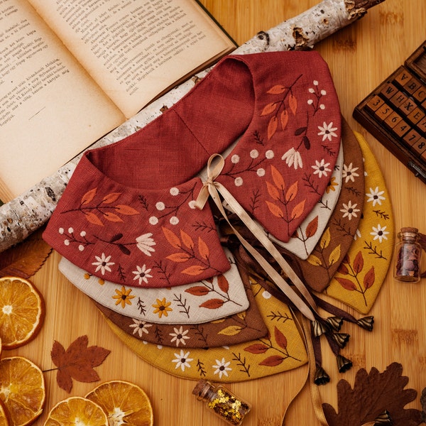 Cottagecore Linen Collar,  Autumn Leaf Embroidered Linen Collar, Detachable Peter Pan Collar