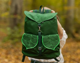 Emerald Green Leaf Cottagecore  Outdoor Backpack, Goblincore Large Backpack PRE-ORDER