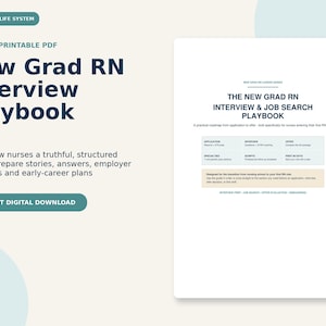 May include: A 16-page printable PDF titled New Grad RN Interview Playbook. The document features a structured roadmap for nursing graduates, including sections on application, interview, offer, specialties, scripts, and the first 90 days of employment.