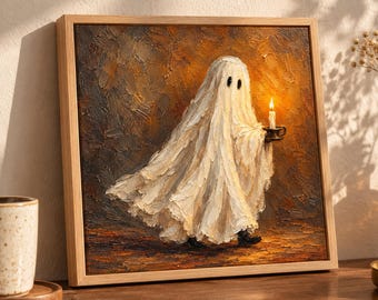 Obraz olejny z duchem i świecą, przytulna dekoracja ścienna na Halloween, miniatura w kolorze bursztynowego brązu, teksturowany obraz gotycki, przytulna dekoracja ścienna do salonu