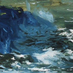 Puede incluir: Pintura abstracta de un océano azul oscuro y verde con olas blancas rompiendo contra una costa rocosa. La pintura tiene un estilo texturizado, de pinceladas.