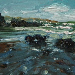 Pittura costiera della Cornovaglia, &#39;Gwithian Beach&#39;, Arte originale in oli, Unframed, su tavola d&#39;archivio, 21 x 15 cm