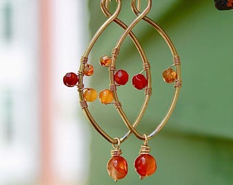 Artisan Handmade in USA Brass and Natural Carnelian Gemstone Earrings, Wrapped on Almond Shaped Brass wires.  Gold Fill Earwires.