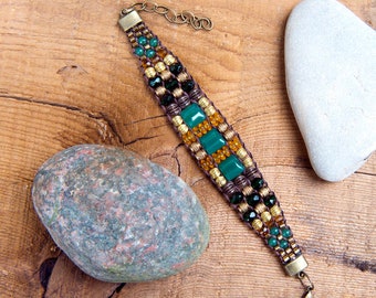 Handmade Green Onyx Gemstone Woven Bracelet with Brass Beads and Crystals