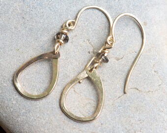 Handmade tiny gold filled teardrop dangle earrings with smoky topaz rondelles on 14k gold filled earwires