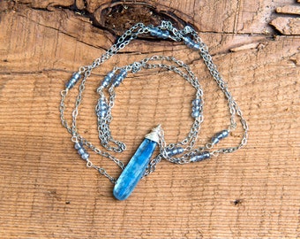 Handmade Kyanite and Sterling Silver Long Necklace on Stainless Steel Chain with Tanzanite Rondelles