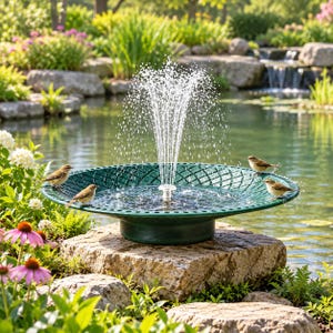 May include: A dark green, circular bird bath fountain with a textured, lattice-patterned rim. The fountain features a central nozzle spraying a vertical jet of water into the air, with three small brown birds perched on the edge of the basin.