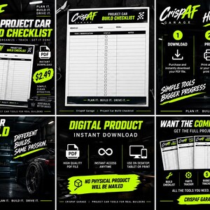 May include: A digital project car build checklist template featuring a white grid layout with black text and headers. The design includes sections for vehicle, year, and goal, with columns for task, modification, status, and notes, branded with CrispAF Garage.