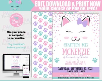 Kitten Birthday invitation, cat invitation, kitten party, cat party, are you kitten me, pawty, INSTANT DOWNLOAD design 217