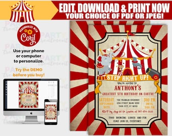Circus Invitation, Carnival Invitation, Circus Birthday, Circus Baby Shower, INSTANT DOWNLOAD, Editable Template