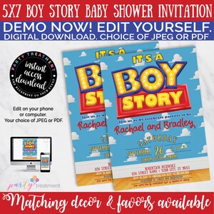 Puede incluir: Una invitaci&oacute;n de baby shower azul y roja con una imagen de dibujos animados de las palabras "It's a Boy Story" en un letrero amarillo. La invitaci&oacute;n incluye el texto "Join us as we celebrate parents to be Rachael and Bradley" y la fecha "Saturday, September 26, 2019".