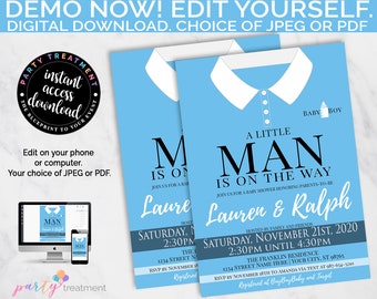 A Little Man is on the Way Baby Shower Invitation, Classic Shirt, Collar Shirt Invitation, INSTANT DOWNLOAD