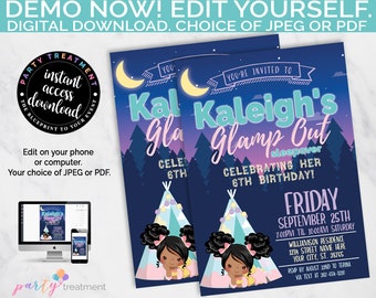 Glamping Invitation, Slumber Party Invitation, Tent Sleepover, Girl Camping Sleepover invitation EDITABLE, INSTANT DOWNLOAD