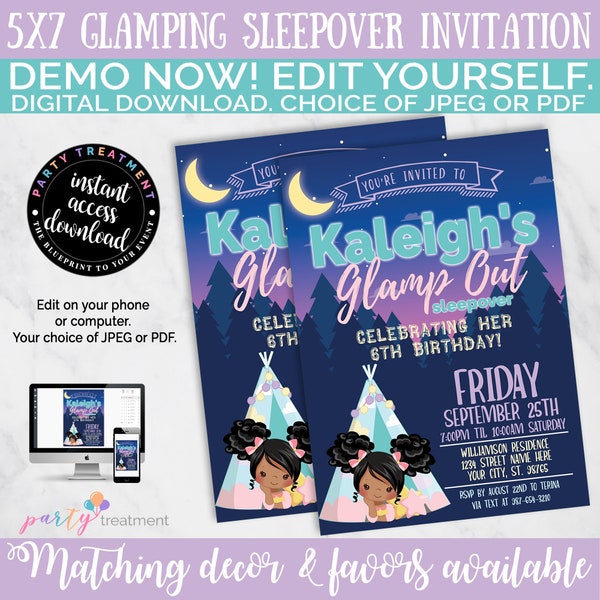 Glamping Invitation, Slumber Party Invitation, Tent Sleepover, Girl Camping Sleepover invitation EDITABLE, INSTANT DOWNLOAD