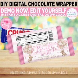 May include: Pink and white chocolate bar wrapper with a teddy bear and balloons. The wrapper says "Elizabeth & Jonathan Bearly wait" and "To say thank you for coming to celebrate with us!"
