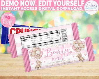 We Can Bearly Wait Chocolate Bar Printable, Teddy bear baby shower candy bar wrapper, Pink Bearly Wait candy party favor INSTANT ACCESS