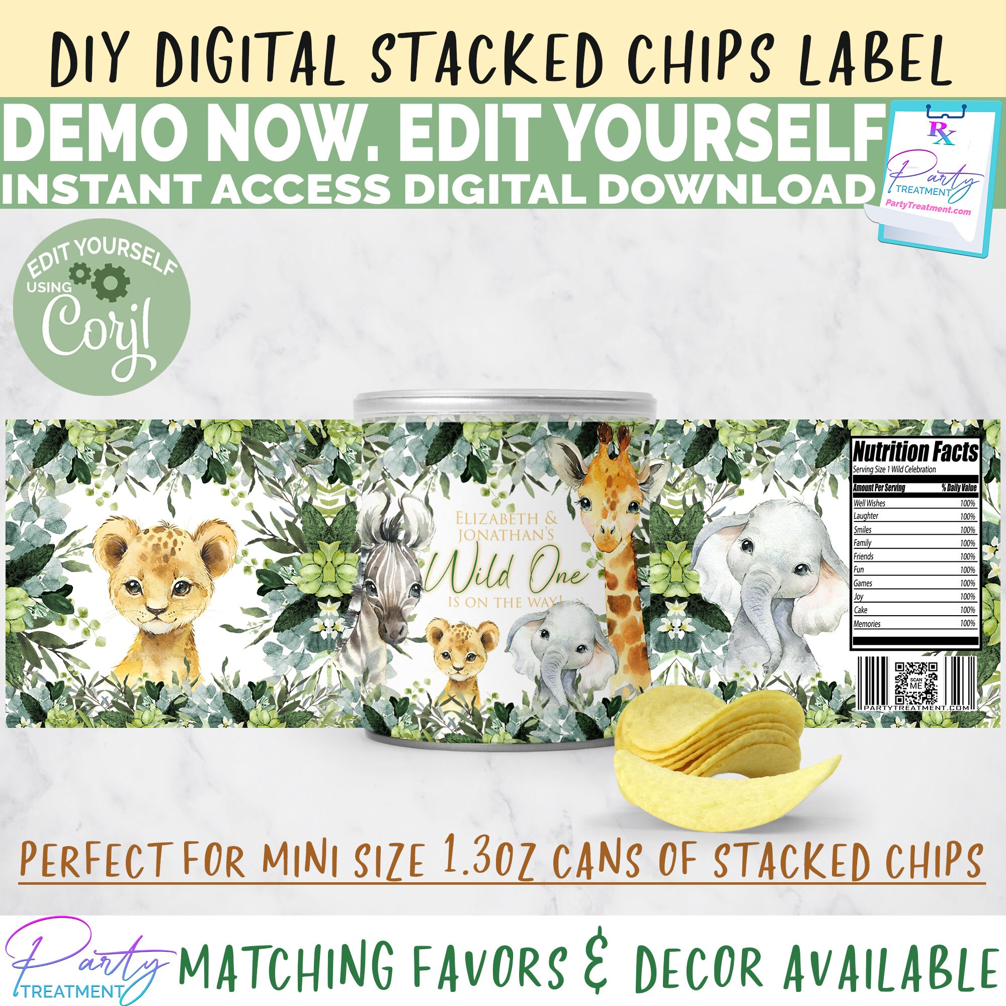 Jungle Safari Wild One Birthday Chip Bag Digital File DIY