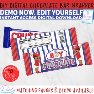 May include: A printable digital chocolate bar wrapper template featuring a baseball theme. The wrapper is red, white and blue with a cartoon baby boy holding a baseball bat. The text on the wrapper reads "Oh Boy Baby Johnson's Chocolate" and "Thank you for swinging by Elizabeth & Jonathan's Baby Shower".