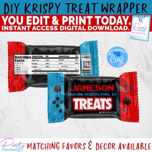 May include: Printable DIY Krispy Treat wrapper featuring a blue and red Nintendo Switch design with the text "Jameson Has Unlocked Level 10 Treats" and "Net Wt 0.78 oz (22g)".