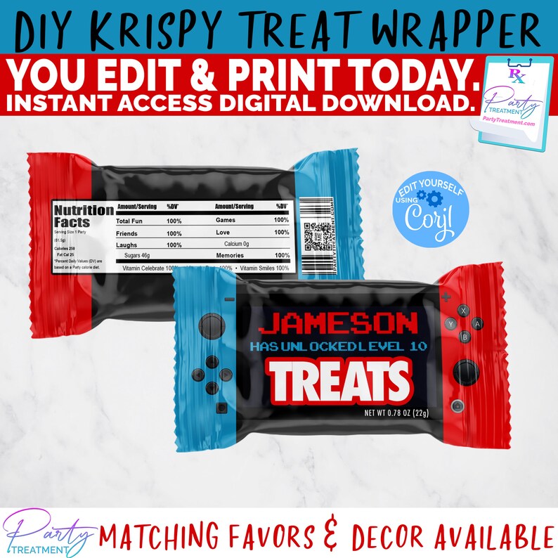 May include: Printable DIY Krispy Treat wrapper featuring a blue and red Nintendo Switch design with the text "Jameson Has Unlocked Level 10 Treats" and "Net Wt 0.78 oz (22g)".