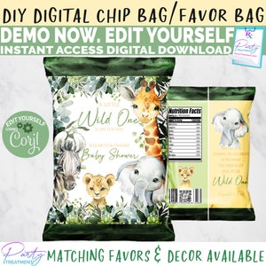 May include: A green and yellow chip bag with a jungle theme. The bag features a giraffe, zebra, lion, and elephant with the text "A Little Wild One is on the way" and "Elizabeth & Franks Baby Shower".