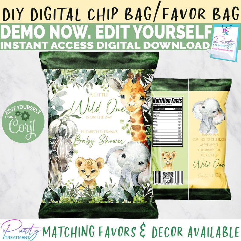 May include: A green and yellow chip bag with a jungle theme. The bag features a giraffe, zebra, lion, and elephant with the text "A Little Wild One is on the way" and "Elizabeth & Franks Baby Shower".