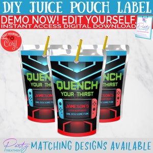 Video Game Editable Juice label, Gaming Juice Pouch label, Video gaming party favor, INSTANT DOWNLOAD