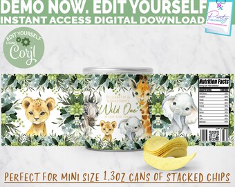Safari Baby Shower Chip Can Label: Wild One Favor (EDITABLE, INSTANT DOWNLOAD)