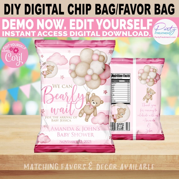 Pink Teddy Bear Baby Shower Chip Bag Wrapper (Digital Download)